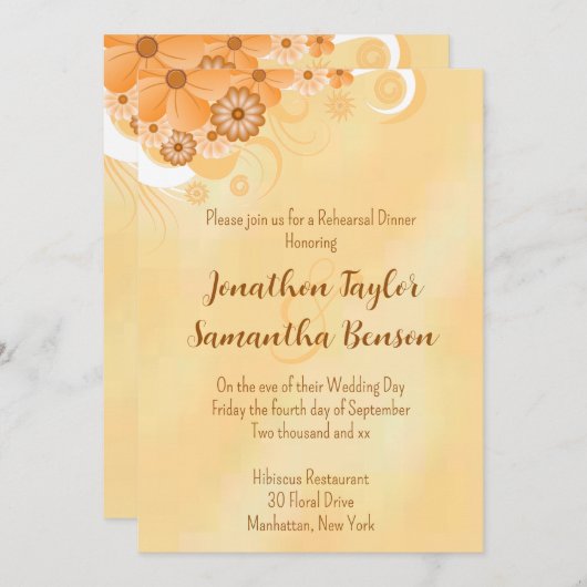アイボリー金ゴールドハイビスカスフローラ5x7リハーサルディナー 招待状 (正面/裏面)