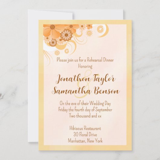 アイボリー金ゴールドピーチハイビスカスフローラリハーサルディナー 招待状 (正面)