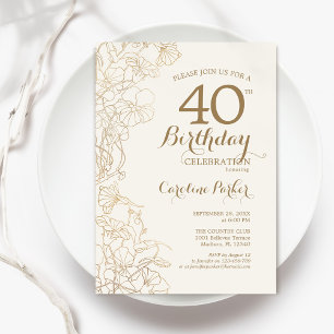 アイボリー金ゴールドフローラ40th誕生日パーティー 招待状