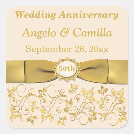 アイボリー金ゴールドフローラ50結婚周年記念ステッカー スクエアシール (正面)
