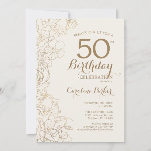 アイボリー金ゴールドフローラ50th誕生日パーティー 招待状 (正面)