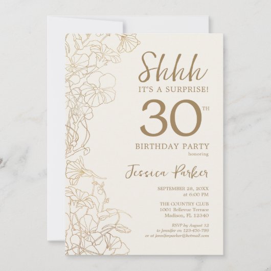 アイボリー金ゴールドボタニカルサプライズ30歳の誕生日 招待状 (正面)