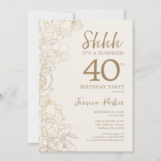 アイボリー金ゴールドボタニカルサプライズ40歳の誕生日 招待状 (正面)
