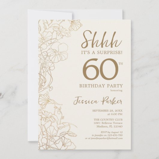 アイボリー金ゴールドボタニカルサプライズ60誕生日 招待状 (正面)
