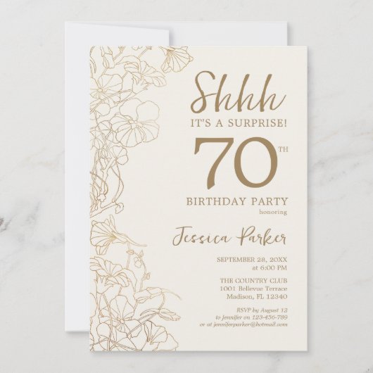 アイボリー金ゴールドボタニカルサプライズ70誕生日 招待状 (正面)