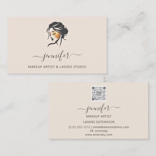 アイボリー金ゴールドメイクアップアーティストロゴの点滅QRコード 名刺 (正面/裏面)