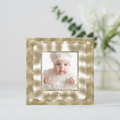 アイボリー金ゴールドレースベビーフォトバプテスマ《キリスト教》洗礼式や命名式 カード (スタンド正面)