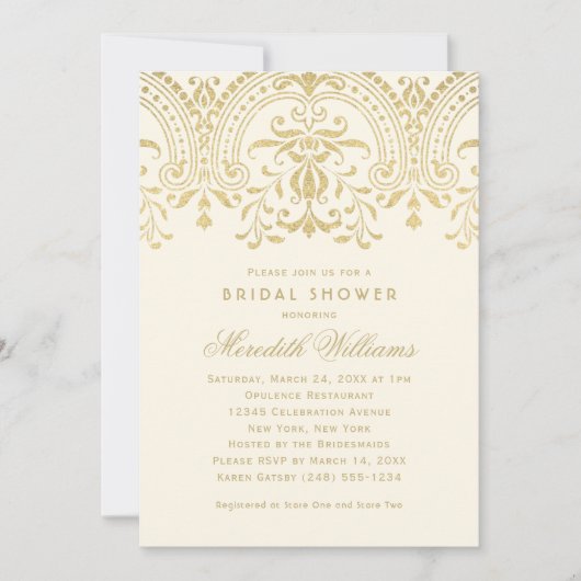 アイボリー金ゴールドヴィンテージグラマ結婚ーブライダルシャワー 招待状 (正面)
