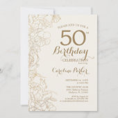 アイボリー金ゴールド写真50th誕生日パーティー 招待状 (正面)