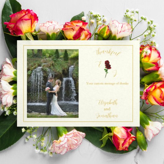 アイボリー金ゴールド結婚バラ サンキューカード