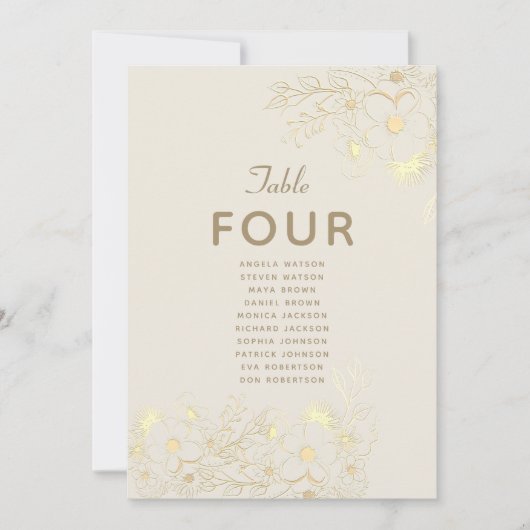 アイボリー金ゴールド結婚フローラのシーティングカード (正面)