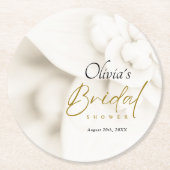 アイボリー開花およびエレガント金ゴールドスクリプトブライダルシャワー ラウンドペーパーコースター (正面)