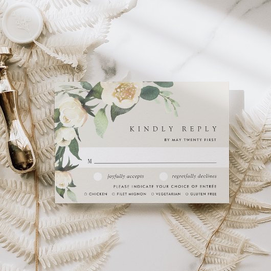 アイボリー開花水色フローラ結婚の食事の選択 出欠カード