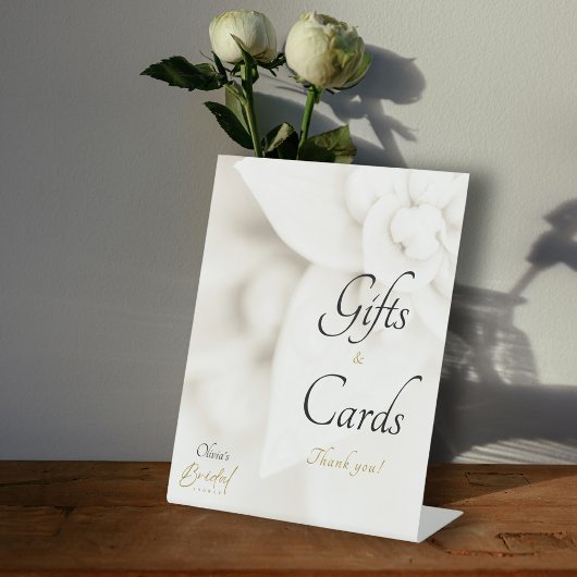 アイボリー開花金ゴールドスクリプトブライダルシャワーギフトカード 台座サイン