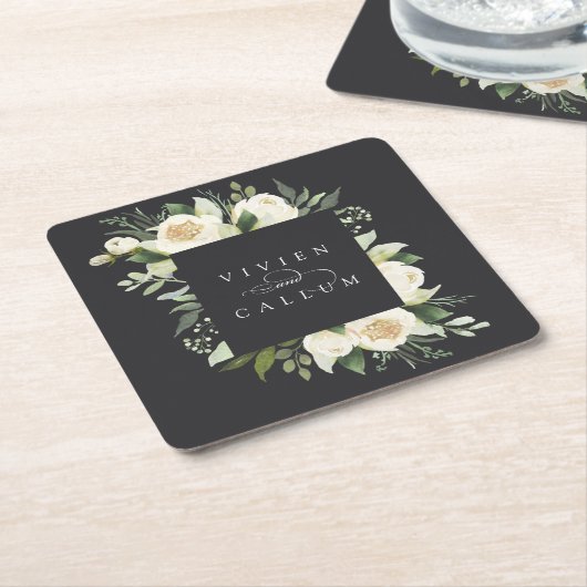 アイボリー開花 |パーソナライズされたフローラフレ結婚ーム スクエアペーパーコースター (アングル)