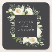 アイボリー開花 |パーソナライズされたフローラフレ結婚ーム スクエアペーパーコースター (正面)