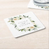 アイボリー開花 |パーソナライズされたフローラフレ結婚ーム スクエアペーパーコースター (アングル)