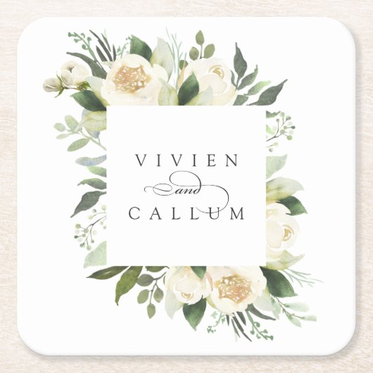アイボリー開花 |パーソナライズされたフローラフレ結婚ーム スクエアペーパーコースター (正面)