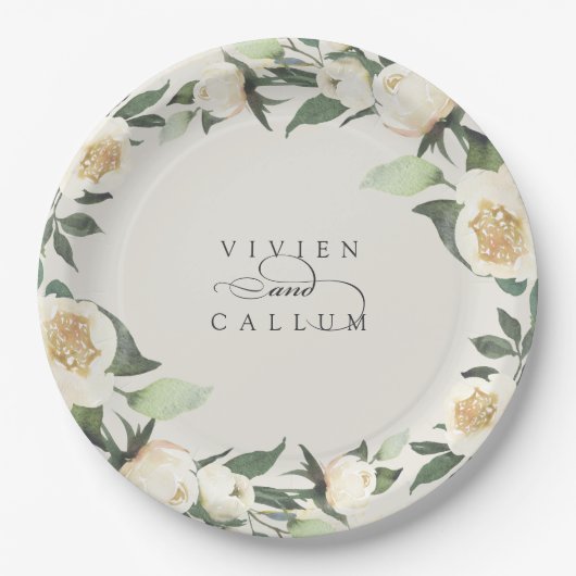 アイボリー開花 |パーソナライズされたフローラ結婚リース ペーパープレート (正面)