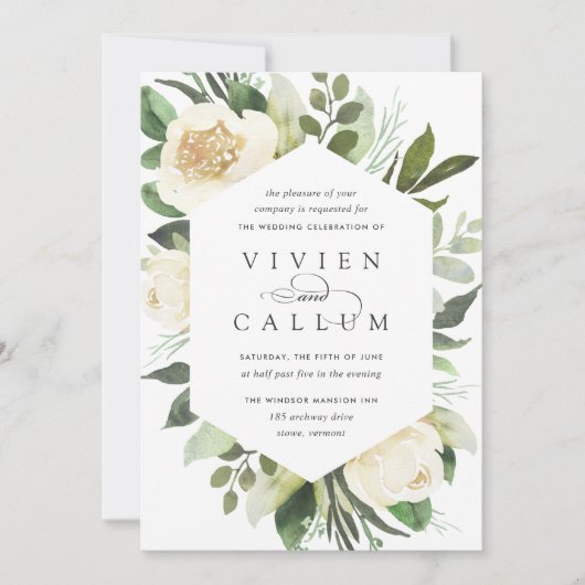 アイボリー開花 |幾何学的フローラフレ結婚ーム 招待状 (正面)