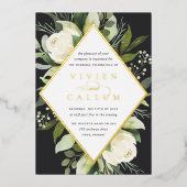 アイボリー開花 |幾何学的フローラフレ結婚ーム 箔招待状 (正面)