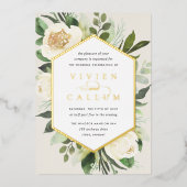 アイボリー開花 |幾何学的フローラフレ結婚ーム 箔招待状 (正面)