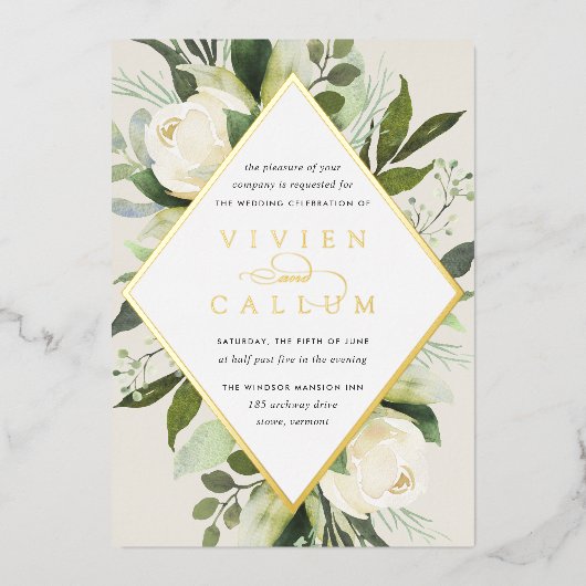 アイボリー開花 |幾何学的フローラフレ結婚ーム 箔招待状 (正面)