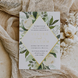 アイボリー開花 |幾何学的フローラフレ結婚ーム 箔招待状