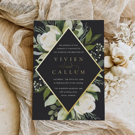 アイボリー開花 |幾何学的フローラフレ結婚ーム 箔招待状