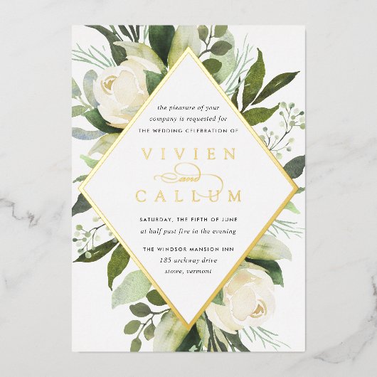 アイボリー開花 |幾何学的フローラフレ結婚ーム 箔招待状 (正面)