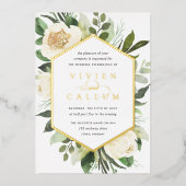 アイボリー開花 |幾何学的フローラフレ結婚ーム 箔招待状 (正面)