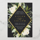 アイボリー開花 |幾何学的フローラフレ結婚ーム 箔招待状 (正面)
