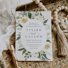 アイボリー開花 |楕円形フレーム水彩フローラ結婚ズ 招待状