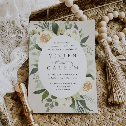 アイボリー開花 |楕円形フレーム水彩フローラ結婚ズ 招待状