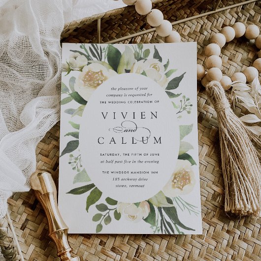 アイボリー開花 |楕円形フレーム水彩フローラ結婚ズ 招待状