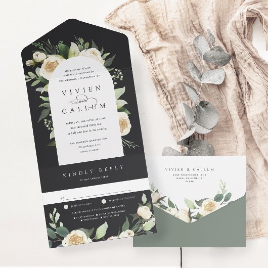 アイボリー開花 |水彩フローラアー結婚チ オールインワン招待状