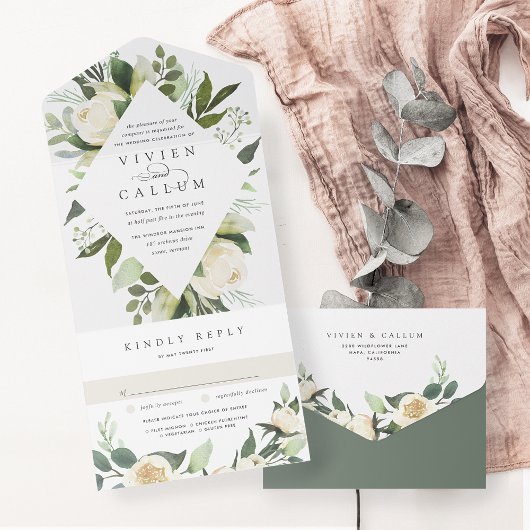 アイボリー開花 |水彩フローラフレ結婚ーム オールインワン招待状