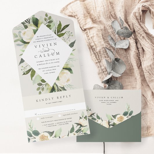 アイボリー開花 |水彩フローラフレ結婚ーム オールインワン招待状
