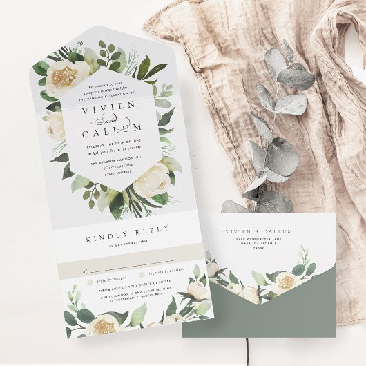 アイボリー開花 |水彩フローラフレ結婚ーム オールインワン招待状