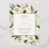アイボリー開花 |水彩フローラフレ結婚ーム 箔招待状 (正面)