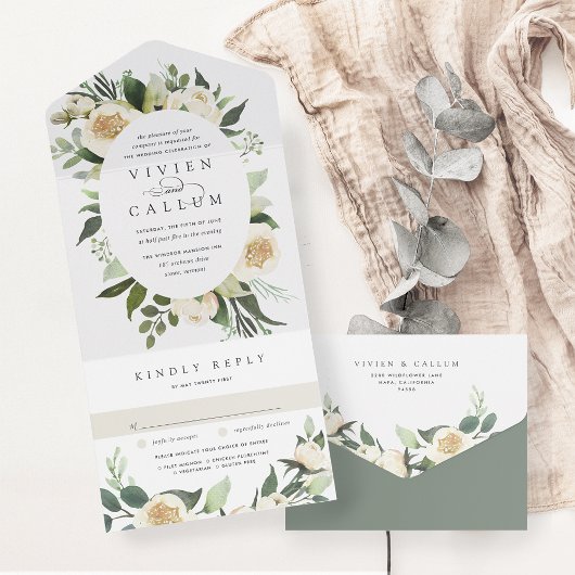 アイボリー開花 |水彩フローラ楕円フレ結婚ーム オールインワン招待状