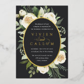 アイボリー開花 |水彩フローラ楕円フレ結婚ーム 箔招待状 (正面)