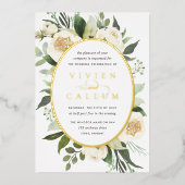 アイボリー開花 |水彩フローラ楕円フレ結婚ーム 箔招待状 (正面)