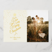 アイボリー非常にメリークリスマスツリーファミリーポートレート 箔シーズンカード (正面)