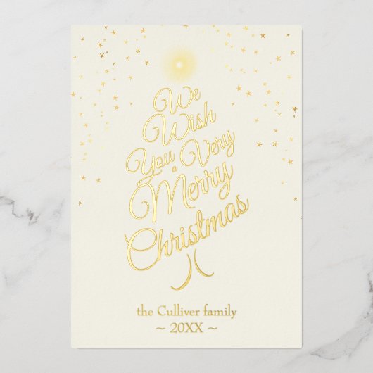 アイボリー非常にメリークリスマスツリー家族の手紙 箔シーズンカード (正面)