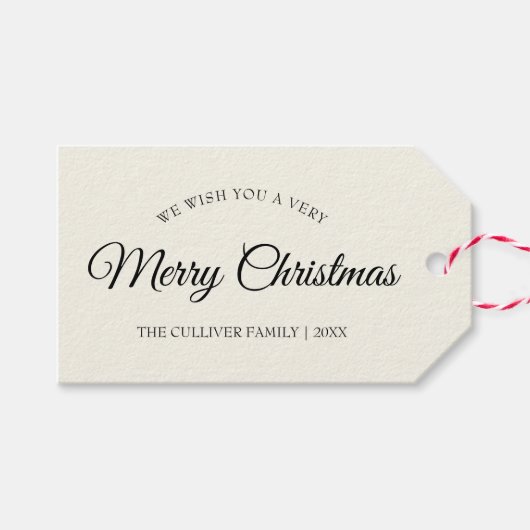 アイボリー非常に陽気なクリスマスの家族の名前 ギフトタグ (正面(横))