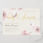 アイボリー |さくらんぼ金ゴールドフローラ赤ちゃんシャワー 箔招待状 (正面)