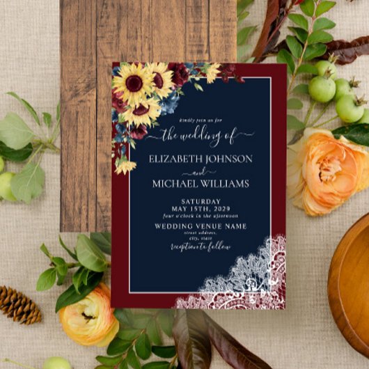 アイボリー　ひまわり　バーガンディー　ネイビーブルー　木製　スクリプト　結婚式 招待状