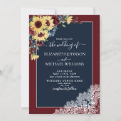 アイボリー　ひまわり　バーガンディー　ネイビーブルー　木製　スクリプト　結婚式 招待状 (正面)