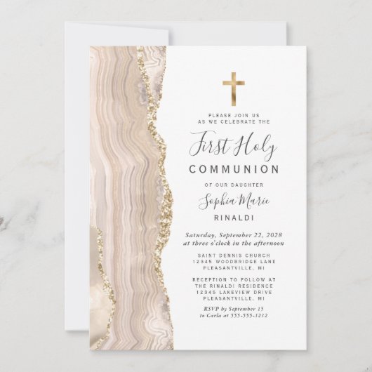 アイボリー アゲート ゴールド グリッター 初めての聖体拝領 招待状 (正面)